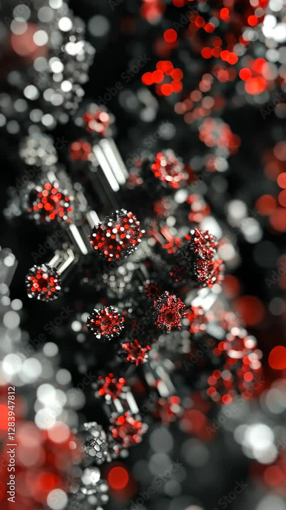 Poster red and silver abstract composition showcasing intricate patterns and shapes