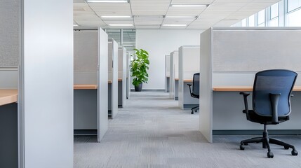 Spacious and Bright Modern Office Featuring an Organized Grid of Cubicles and Lush Greenery. Economy of Scale Concept