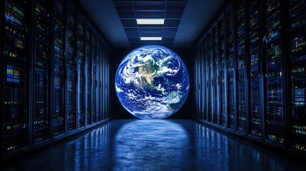 Artistic representation of a planet in a server room highlighting the intersection of tech and nature