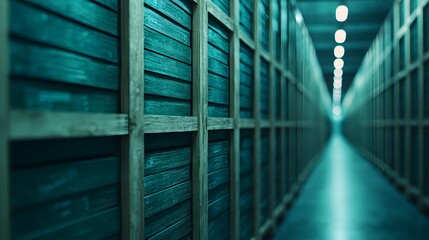 Rows of Identical Storage Boxes Create an Enigmatic Pathway in a Dimly Lit Facility. Economy of Scale Concept
