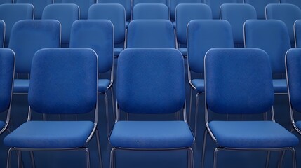 Fototapeta premium Captivating Rows of Blue Chairs Ready for an Engaging Event in a Modern Auditorium Setting. Economy of Scale Concept