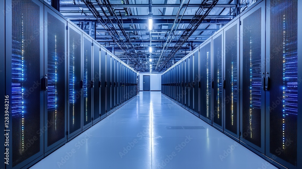 Poster an expansive server room featuring neatly organized rows of servers and high-tech networking solutio
