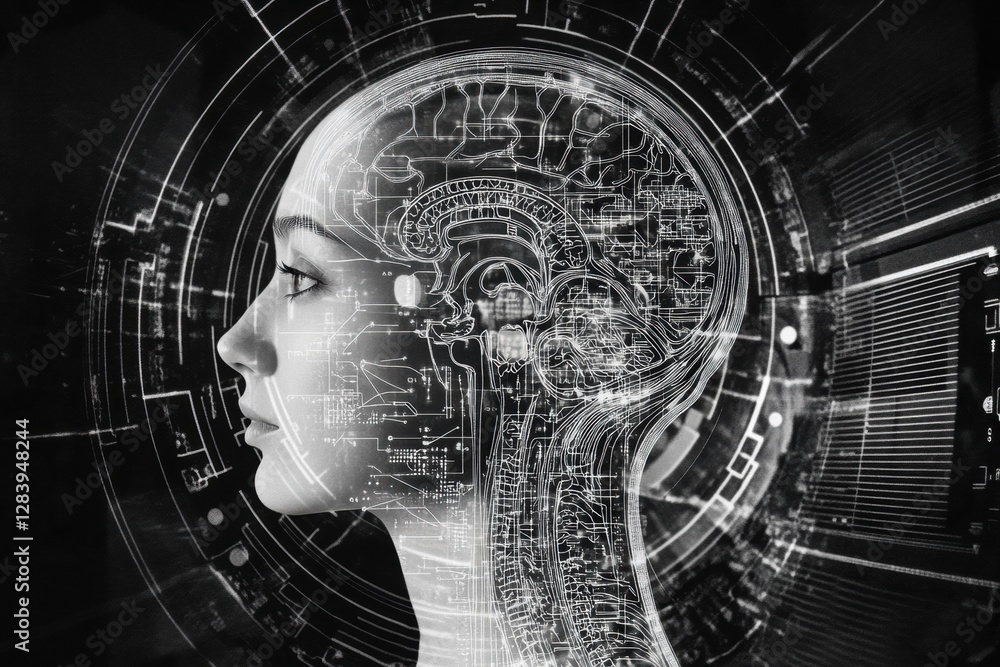 Poster Outline of a human head filled with schematics showcasing the complexity of artificial intelligence mechanisms. Generative AI