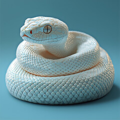 Fototapeta premium White snake isolated on blue background - Generative AI