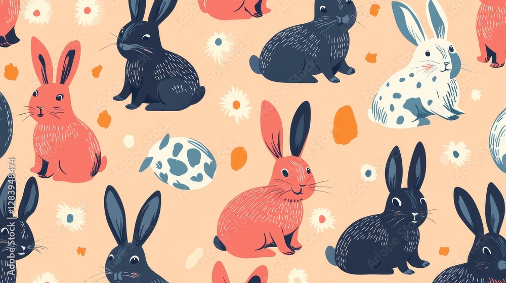 Poster retro-style seamless pattern with cartoon rabbits