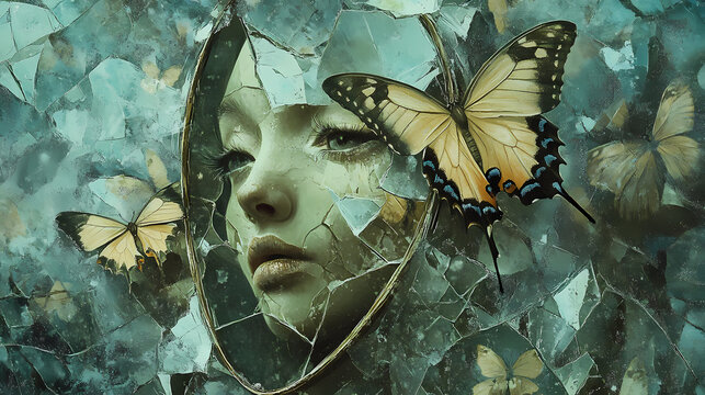 A surreal depiction of a shattered mirror reflecting faces, butterflies, and cryptic symbols. Otherworldly Mirror Illusion. Illustration