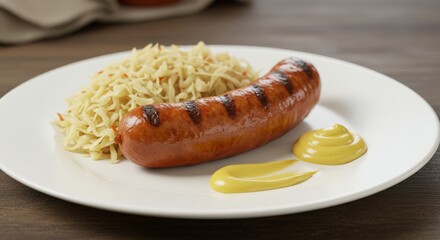 Savory grilled bratwurst paired with tangy sauerkraut and vibrant mustard