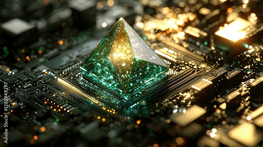 Poster close-up view of a computer chip highlighting intricate circuitry and advanced technology features