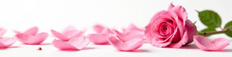 Soft rose petals scattered on a white background with a single stem remaining upright, nature, sweet