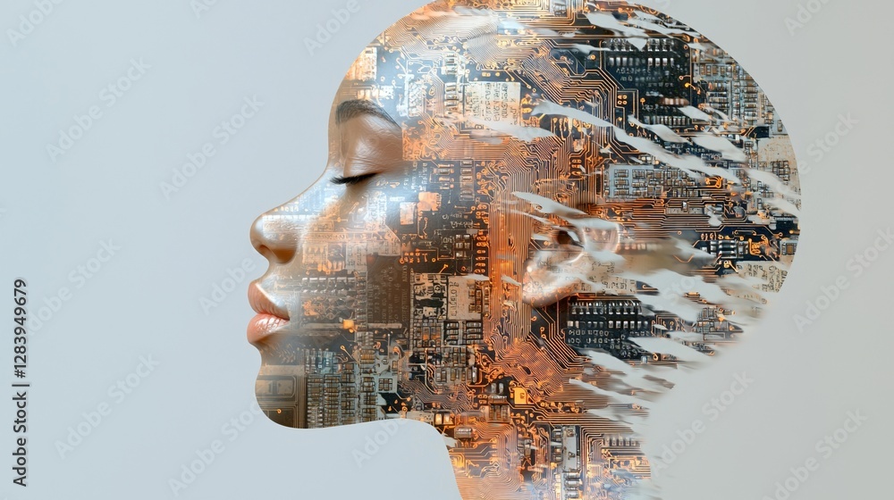 Poster the concept of a human head with a circuit board inside signifies a realistic stock image, highlight