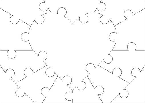 A puzzle with 14 parts. Contour. The central part of the puzzle is in the shape of a heart. Heart puzzle, background, photo, template, recreation, learning, motor skills
