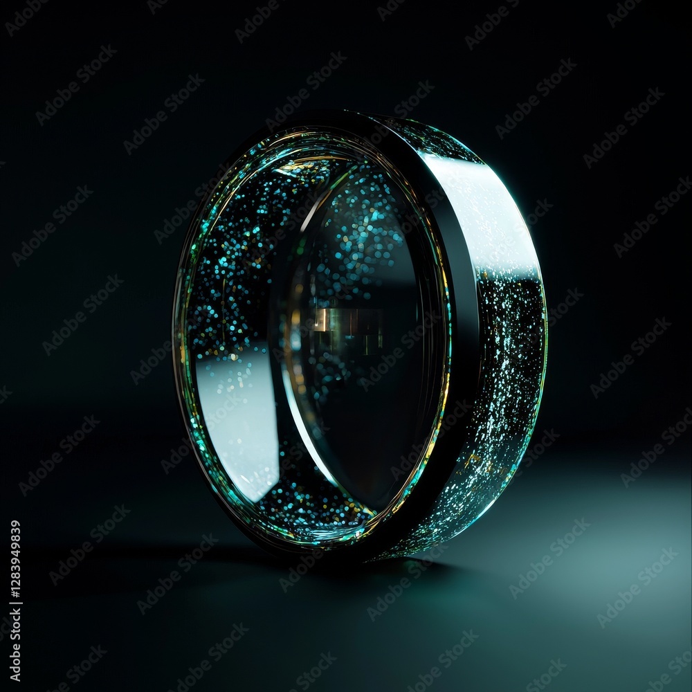 Poster abstract technology hud interface features hologram elements with neon lights, including a circular 
