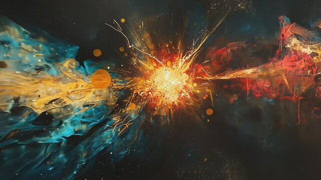 Cosmic Explosion: An abstract representation of a powerful cosmic event, featuring a vibrant explosion of colors and textures, reminiscent of a supernova or the birth of a star.