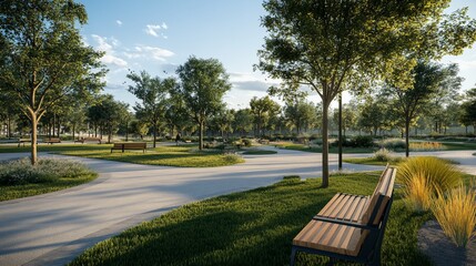 Fototapeta premium Tranquil Park Landscape with Benches and Lush Greenery under a Bright Sky