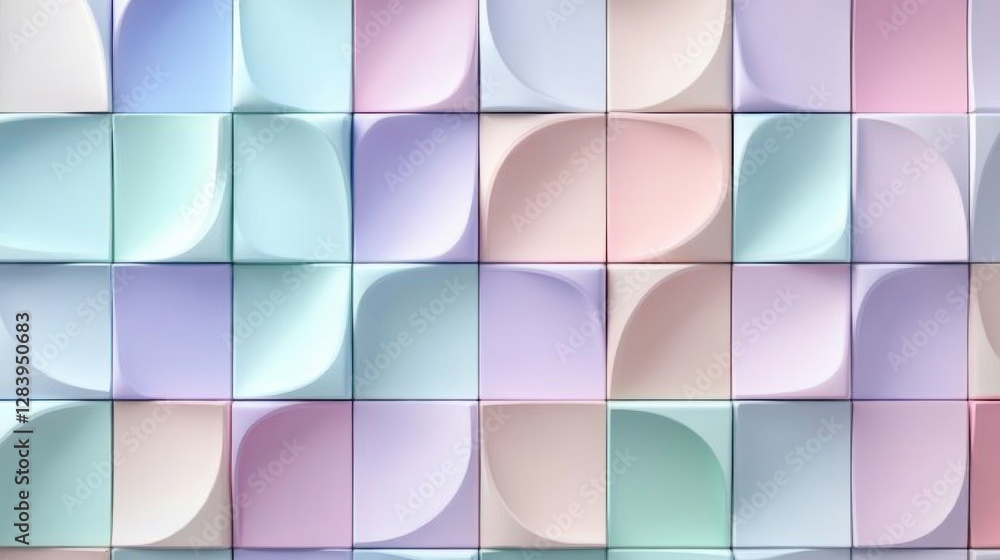 Poster colorful 3d square tiles create a mosaic pattern. the background has geometric shapes and space for 