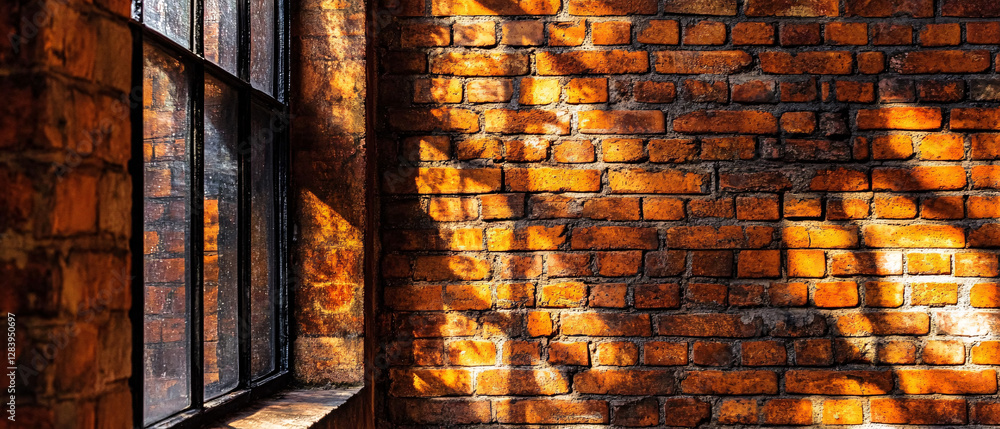 Poster a rustic brick wall near a window with golden sunlight casting intricate shadows creating a warm nos