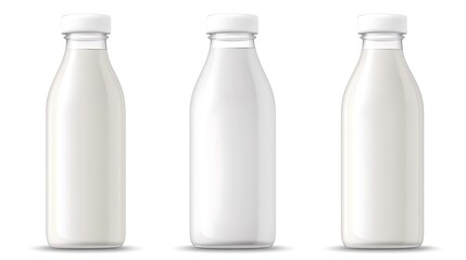 Transparent and Opaque Bottles of Milk Isolated on White Background for Healthy Beverage Concept