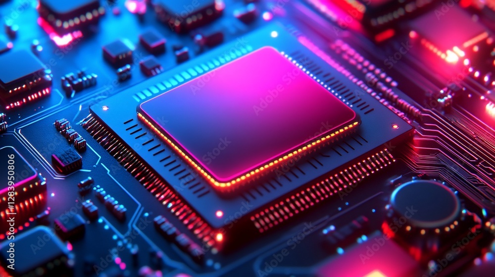 Poster neon glow: a close-up of a modern microprocessor