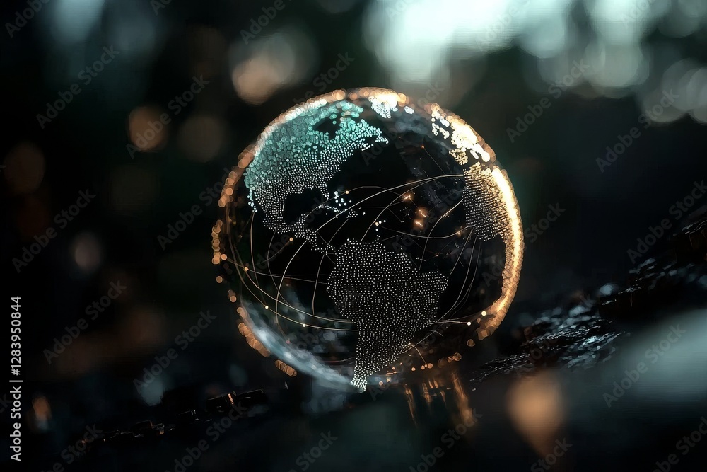 Poster a 3d illustration of the earth in space is depicted with interconnected lines and numerical annotati