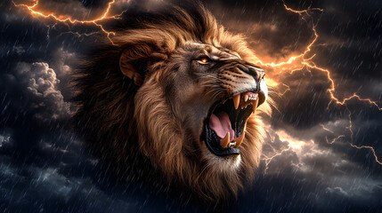 A lion is roaring in the rain with a storm in the background