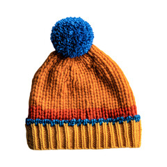 Wool Beanie with Blue and Orange Pom-Pom Isolated on Transparent Background