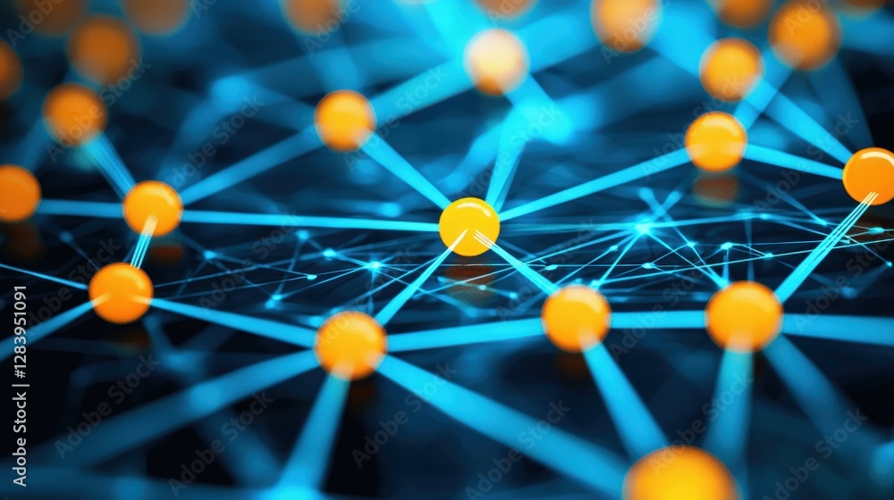 Poster dynamic representation of a network composed of vibrant orange spheres interconnected by lines