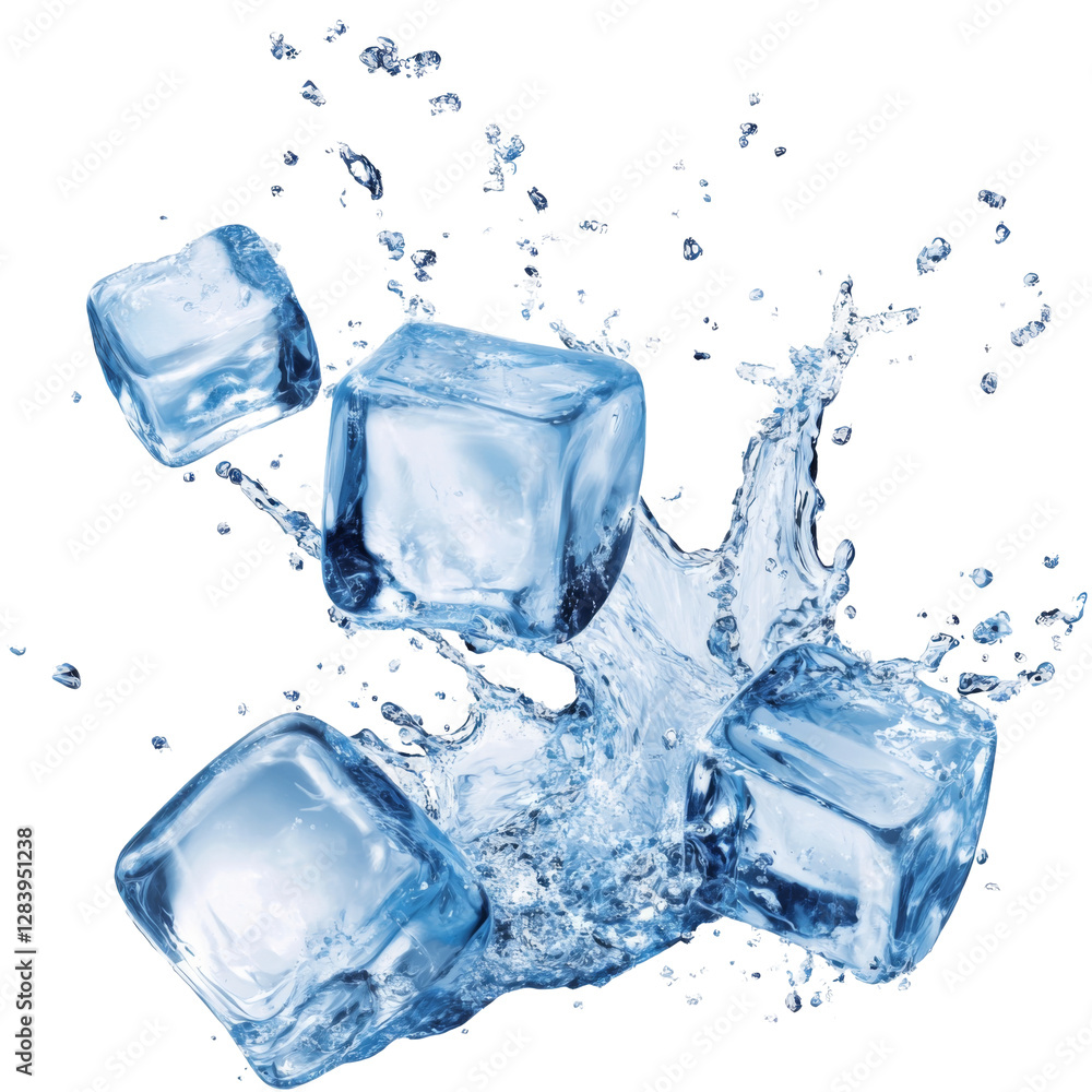 Poster dynamic ice cubes splashing in water transparent background png clear and crisp visuals