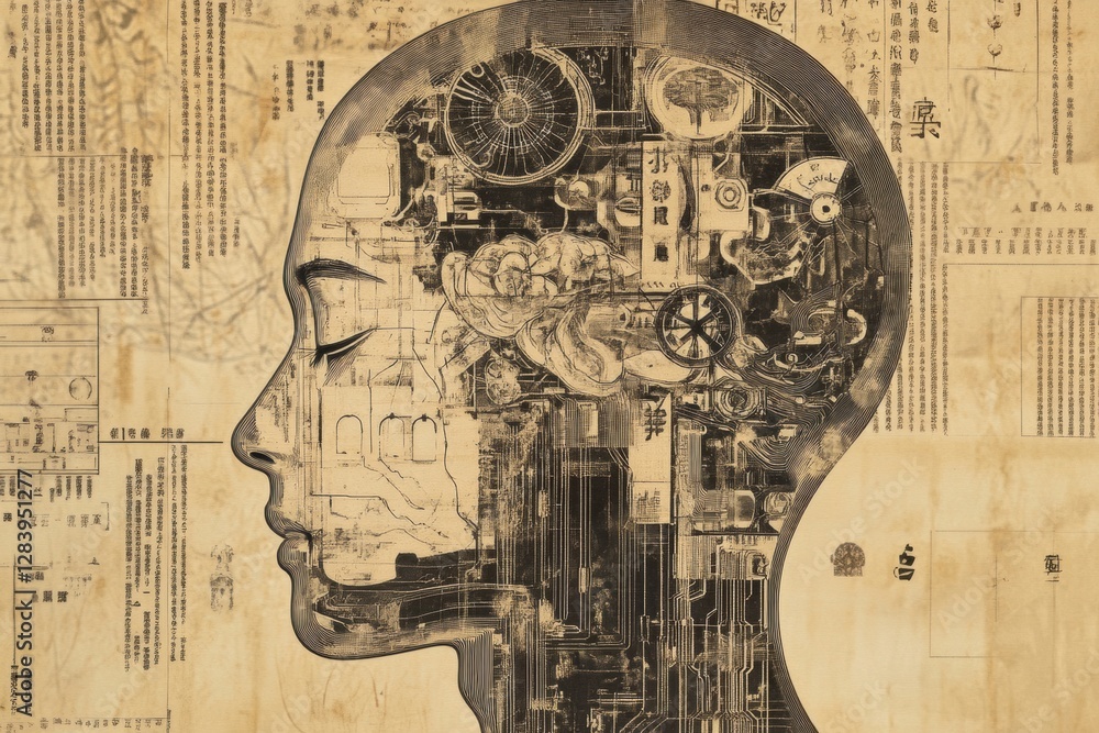 Leinwandbilder schematic illustration of artificial intelligence inside a human head outline showcasing complex mec