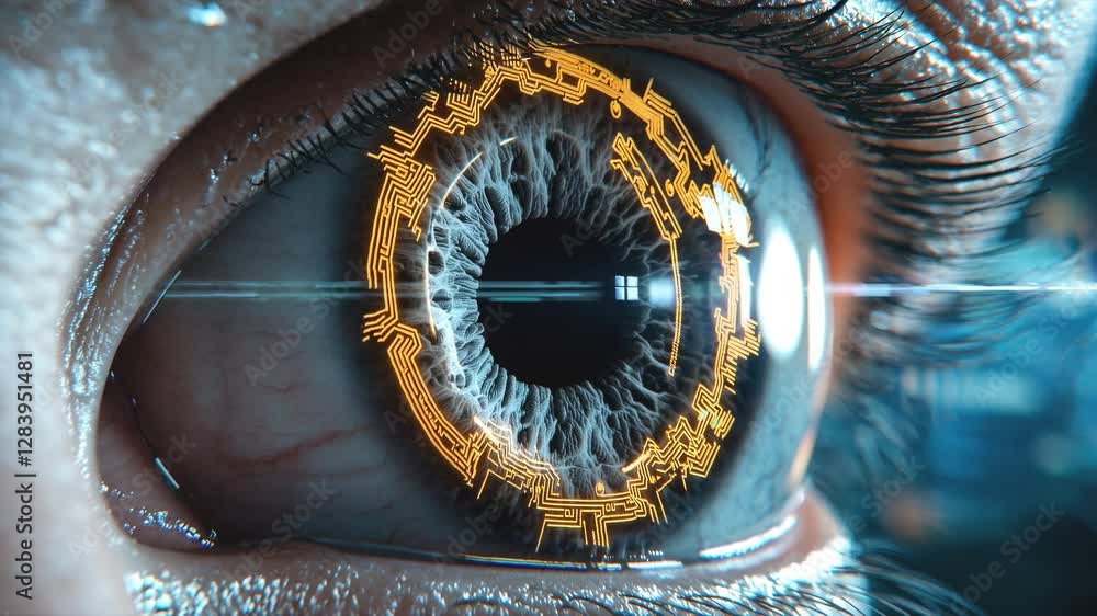 Poster biometric identity scan reveals detailed iris patterns. advanced surveillance technology maps human 