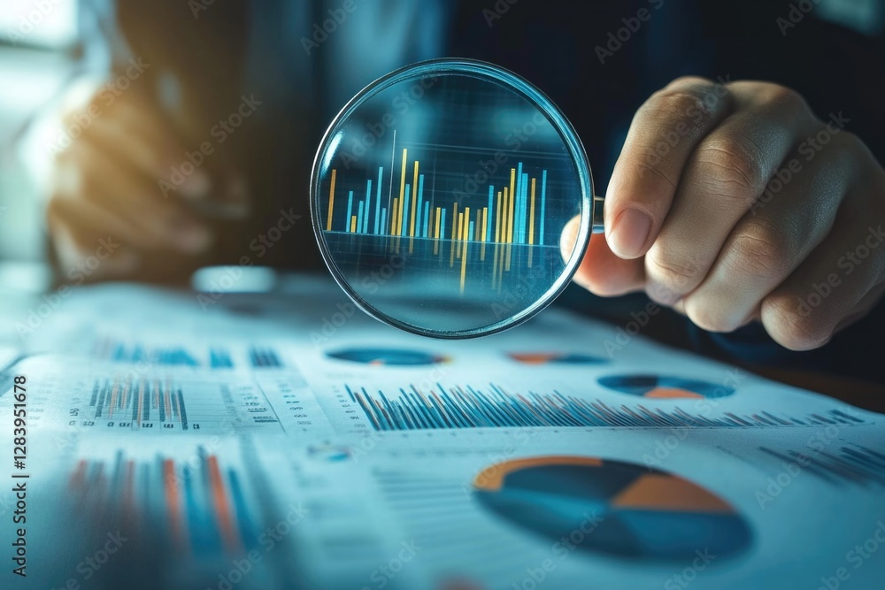 Poster businessman holding magnifying glass looking at virtual data chart dashboard in concept of investmen