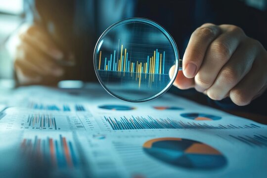 businessman holding magnifying glass looking at virtual data chart dashboard in concept of investment data analysis and DMS document audit financial Tax Fraud audit Using Magnifying Glass