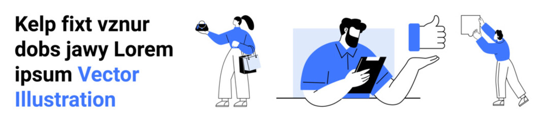 People working with devices, holding documents, and interacting with thumbs-up and tablet icons. Ideal for teamwork, communication, productivity, feedback, business, remote work flat landing page