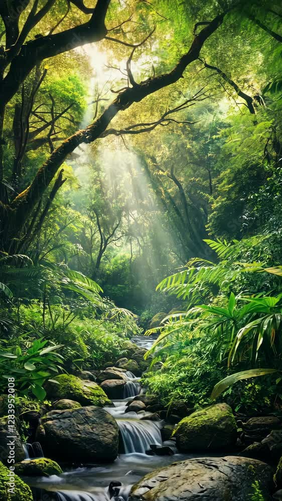 Poster sunlight filters through dense foliage in a serene jungle stream surrounded by lush greenery and vib