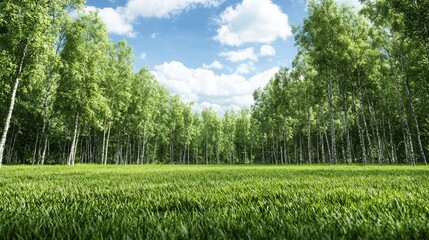 Obraz premium Sunny birch forest meadow, summer landscape, nature background, ideal for travel brochures