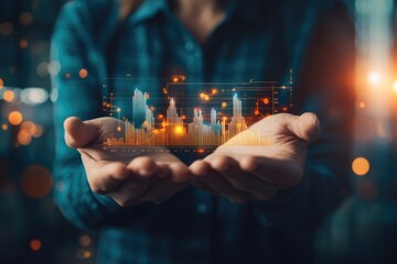 Businessman holding virtual graph showing real estate market growth. Perfect for financial, real estate, and investment presentations. Property market analysis concept.