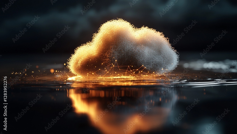 Poster a server room data center with graph holograms flying over it in 3d rendering