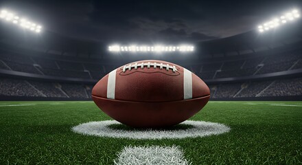 American Football on Field at Night Stadium with Bright Lights