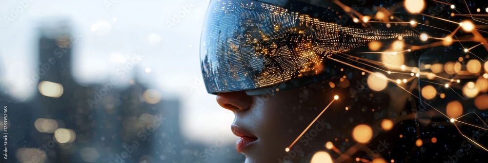 Poster a cyborg head utilizing stock to generate a digital interface in 3d rendering
