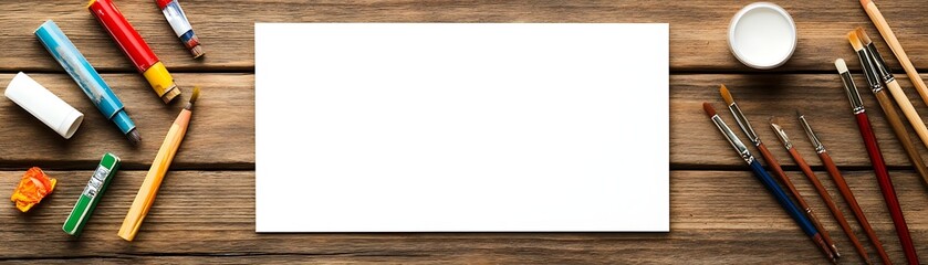 Blank Canvas Surrounded by Art Supplies on Wooden Table for Creative Projects and Artistic Expression