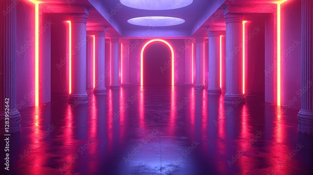 Aufkleber an intriguing long hallway with striking columns and red neon lights creating a dramatic effect
