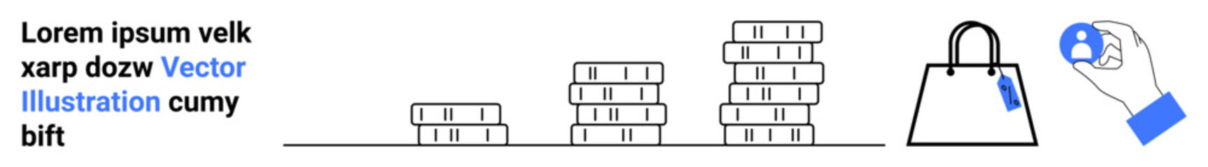 Stacks of coins increasing in size, shopping bag with price tag, and hand holding a user profile icon. Ideal for finance, shopping, e-commerce, savings, investments, user profiles flat landing page