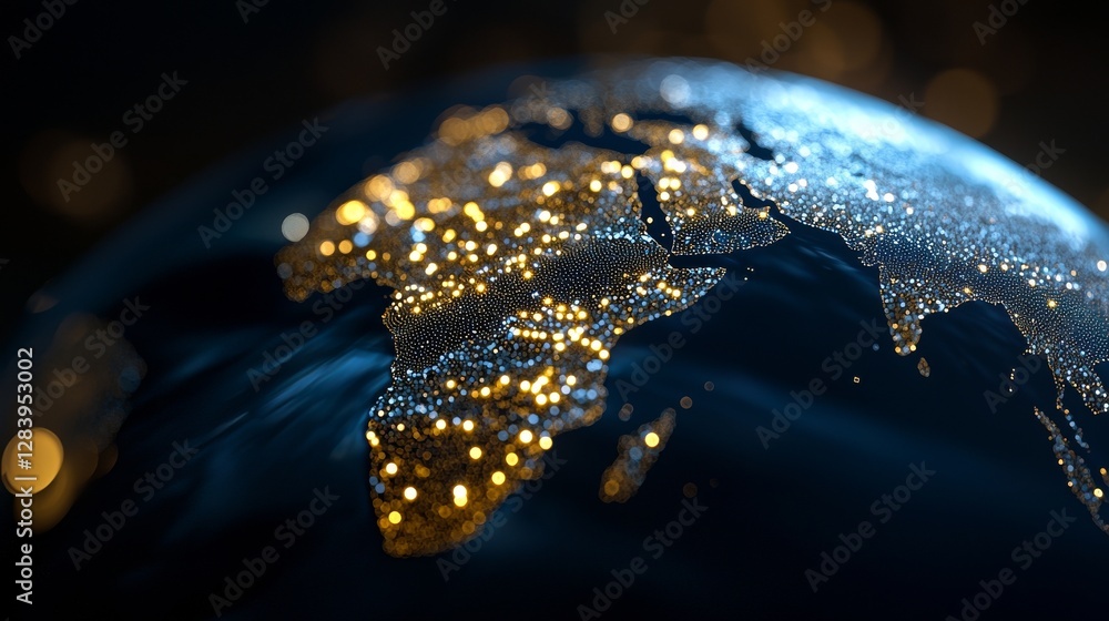Poster the planet earth is recreated in a digital format, comprising a intricate latticework of glowing lin