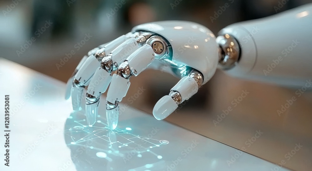 Poster in an intelligent factory, a robotic hand utilizes a virtual screen interface to monitor status and 
