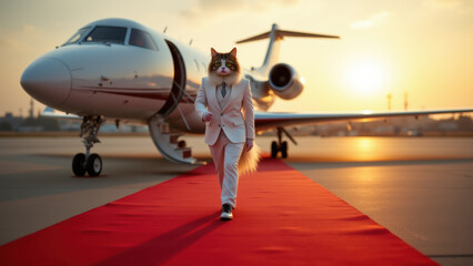 Fototapeta premium A cat dressed in a suit, walking down a red carpet next to an airplane during sunset.
