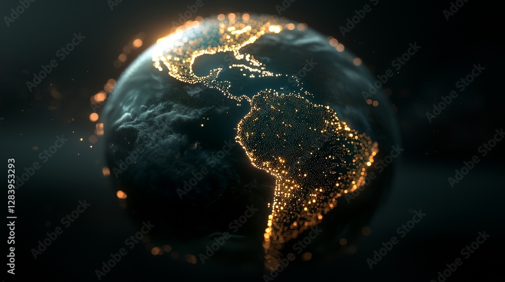 Poster the planet earth is meticulously recreated in a digital format, comprising a latticework of luminous