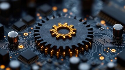 Computer circuit featuring a prominent gear wheel symbolizing the integration of mechanical design