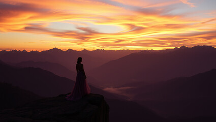 Fototapeta premium A woman standing on top of mountain peak at sunrise. 