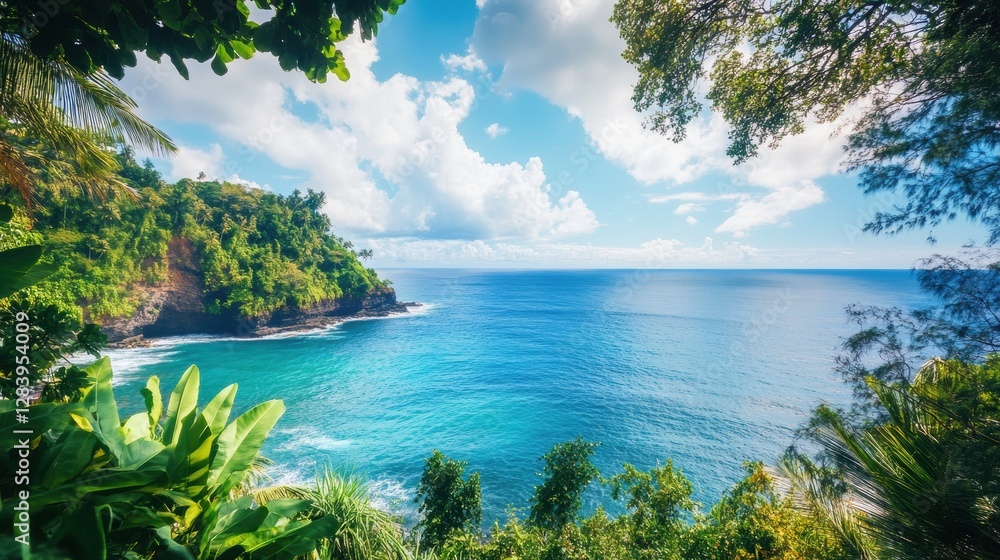 Poster tropical coastal landscape with lush greenery and serene ocean view during bright daylight. generati