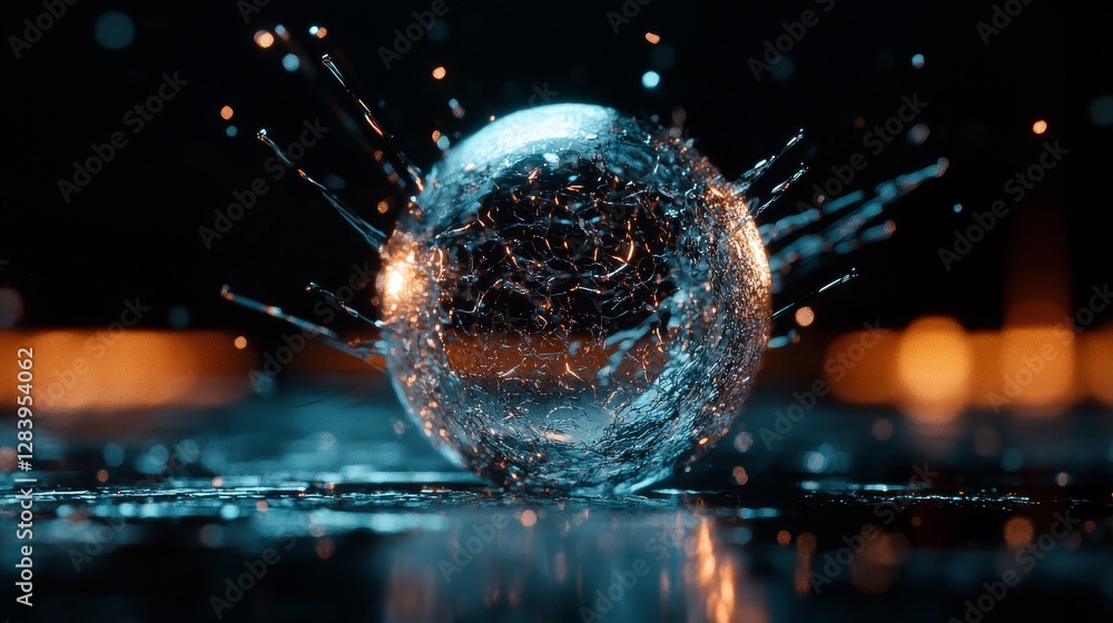 Poster the background features abstract particles and sphere shapes, forming a futuristic globalization int