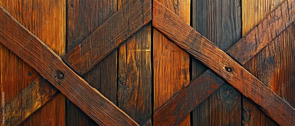 Poster rustic wooden gate with a diagonal plank pattern in warm brown tones creating a symmetrical and natu
